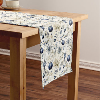Elegante Blauwe Kerst Ornamente Feestdagen   Korte Tafelloper