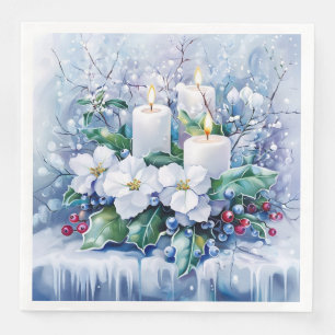 Elegante blauwe kerst witte poinsettia kaarsen servet