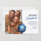Elegante Blauwe Kerstbal Foto Kerstmis Feestdagenkaart (Voorkant)