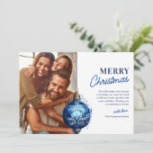 Elegante Blauwe Kerstbal Foto Kerstmis Feestdagenkaart (Staand voorkant)