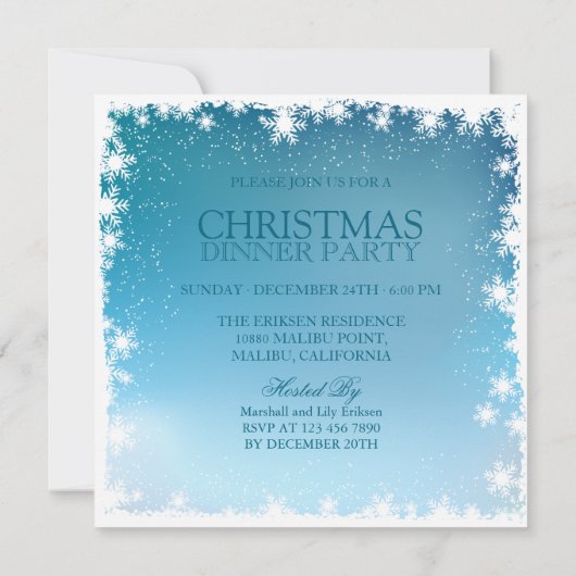 Elegante blauwe kerstbal uitnodiging (Achterkant)