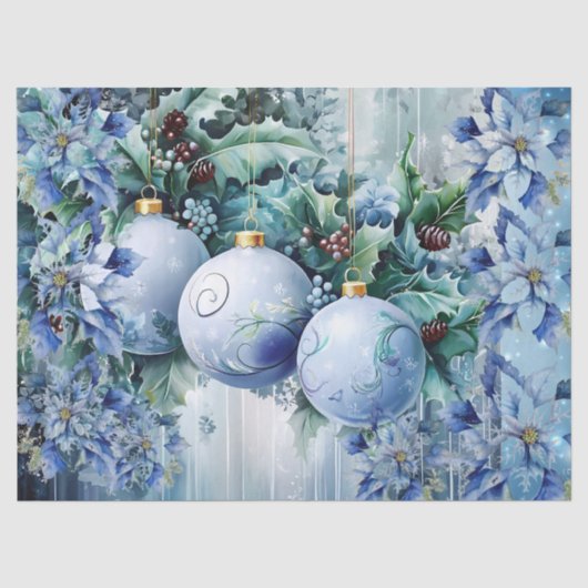 Elegante Blauwe Kerstballen Bloemendecoupage Tissuepapier (Voorkant)