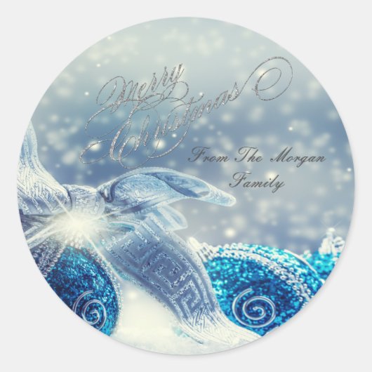 Elegante blauwe kerstballen ronde sticker (Voorkant)