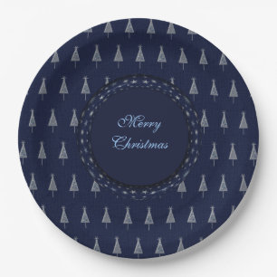 Elegante blauwe kerstbomen en sterren papieren bordje