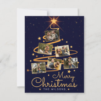 Elegante Blauwe Kerstboom 7 Familie Foto Feestdagenkaart