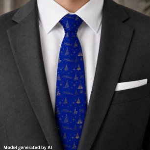 Elegante Blauwe Kerstboom Doodles Met Goud Stropdas