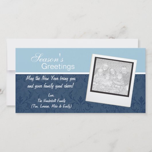 Elegante blauwe kerstfoto's feestdagenkaart (Voorkant)