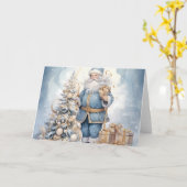 Elegante Blauwe Kerstman met Kerstboomontwerp Kaart (Gele Bloem)