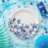 Elegante blauwe kerstpunsettia papieren bordje (Feest)