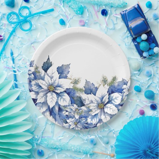 Elegante blauwe kerstpunsettia papieren bordje (Feest)