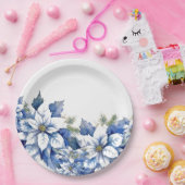 Elegante blauwe kerstpunsettia papieren bordje (Feest)