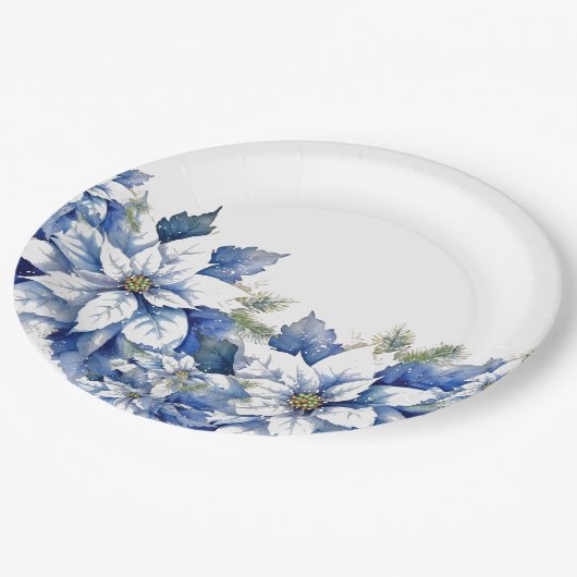 Elegante blauwe kerstpunsettia papieren bordje (Gekanteld)