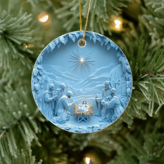 Elegante blauwe kerststal kerstversiering keramisch ornament (Boom)