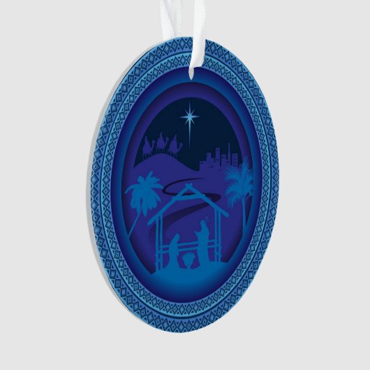 Elegante blauwe kerststal ornament (voorkant)