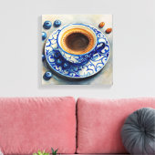 Elegante Blauwe Koffiekop met Blauwe Bessen – Real Canvas Afdruk (Insitu (Woonkamer))