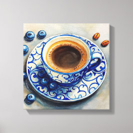 Elegante Blauwe Koffiekop met Blauwe Bessen – Real Canvas Afdruk
