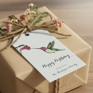 Elegante blauwe kolibrie verjaardag cadeaulabel