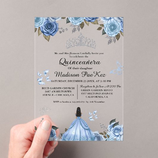 Elegante Blauwe Koninklijke Bloemenvlinder Quincea Acryl Uitnodigingen (Insitu (Draagbaar))