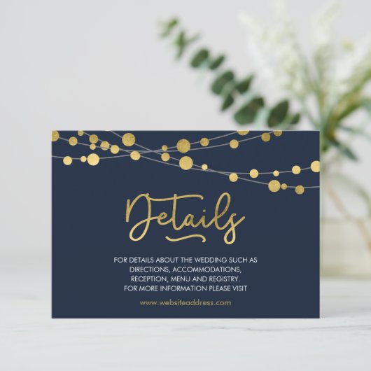 Elegante Blauwe Koorden van Lichten Huwelijksdetai Informatiekaartje (Staand voorkant)