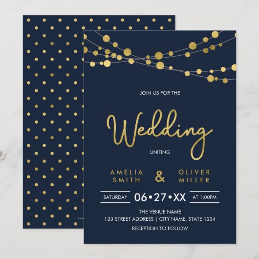 Elegante Blauwe Koorden van Lichten Huwelijksuitno Kaart (Voorkant / Achterkant)