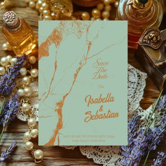 Elegante Blauwe & Koperen Marmeren Save the Date-h Kaart