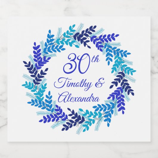 Elegante Blauwe Krans 30e bruiloft Jubileum Sparkling Wijnetiket (Enkel label)