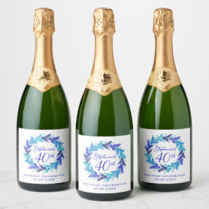 Elegante blauwe krans 40e verjaardag sparkling wijnetiket