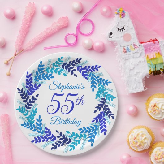 Elegante Blauwe Krans 55e Verjaardag Papieren Bordje (Feest)