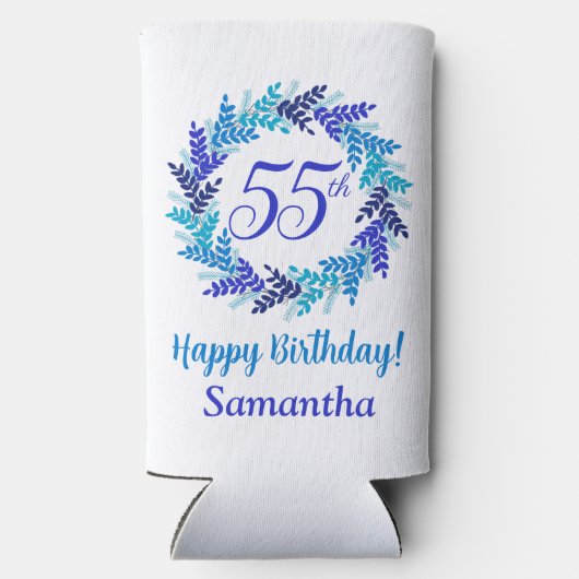 Elegante Blauwe Krans 55e Verjaardag Seltzer Blikjeskoeler (Achterkant)