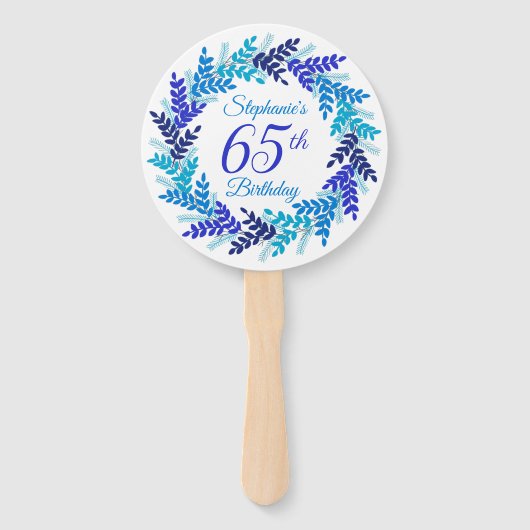 Elegante Blauwe Krans 65e Verjaardag Handwaaier (Achterkant)