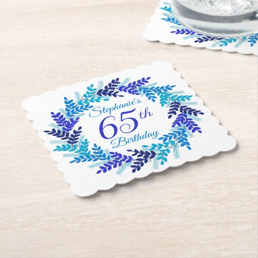 Elegante Blauwe Krans 65e Verjaardag Kartonnen Onderzetters (Gebogen)