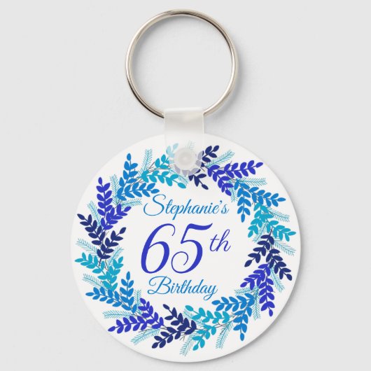 Elegante Blauwe Krans 65e Verjaardag Sleutelhanger (Voorkant)