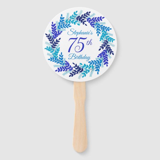 Elegante Blauwe Krans 75e Verjaardag Handwaaier (Achterkant)