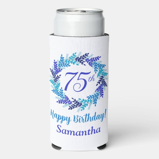 Elegante Blauwe Krans 75e Verjaardag Seltzer Blikjeskoeler (Seltzer Achterkant)