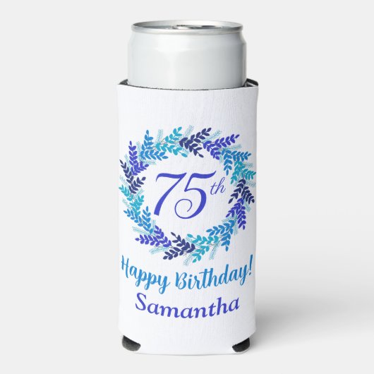 Elegante Blauwe Krans 75e Verjaardag Seltzer Blikjeskoeler (Seltzer Voorkant)