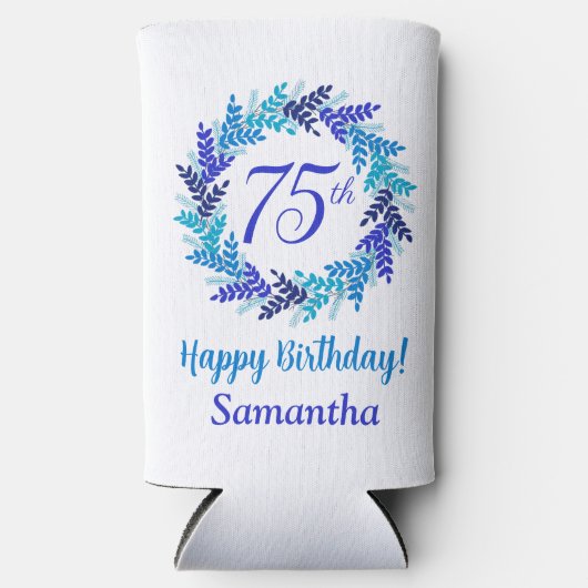 Elegante Blauwe Krans 75e Verjaardag Seltzer Blikjeskoeler (Voorkant)