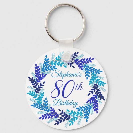 Elegante blauwe krans 80ste verjaardag Sleutelhang Sleutelhanger (Voorkant)