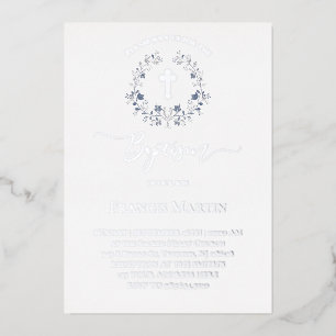 elegante blauwe krans Doop zilver Folie Uitnodiging