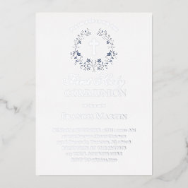 elegante blauwe krans eerste heilige communie folie uitnodiging