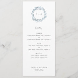 Elegante Blauwe Krans Monogram Bruiloft Menu