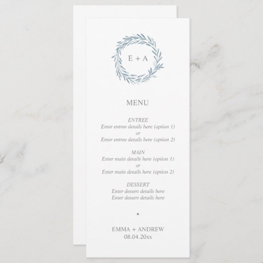 Elegante Blauwe Krans Monogram Bruiloft Menu (Voorkant / Achterkant)