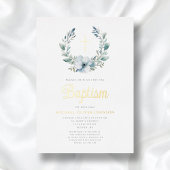 Elegante Blauwe Krans Religieuze Kruis Jongen Doop Folie Uitnodiging