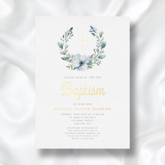 Elegante Blauwe Krans Religieuze Kruis Jongen Doop Folie Uitnodiging