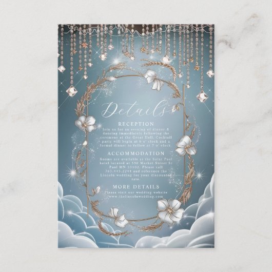 Elegante blauwe kristal druppels bruiloft informatiekaartje (Voorkant)