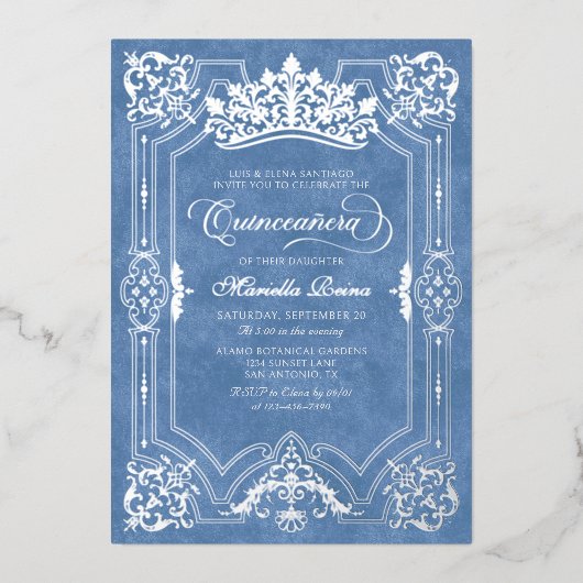 Elegante blauwe kroon Tiara Quinceanera Folie Uitnodiging (Voorkant)