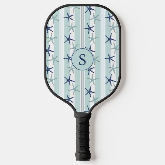Elegante Blauwe Kust Zeester Geborduurde Initiaal Pickleball Paddle (Voorkant)