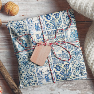 Elegante blauwe landelijke bloem toile inpakpapier vel