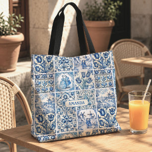 Elegante blauwe landelijke bloem toile tote bag