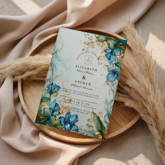 Elegante Blauwe Lelie Botanische Bruiloft Kaart