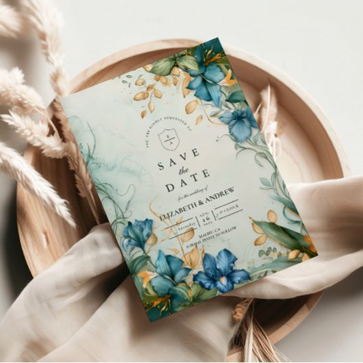 Elegante Blauwe Lelie Botanische Bruiloft Save The Date